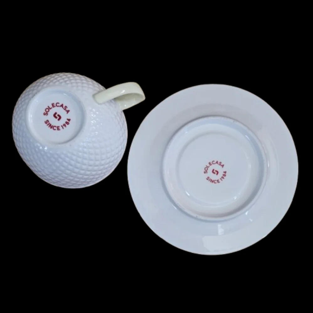 Solecasa Coffee/Tea & Saucer w/White Diamond Pattern & Yellow Handles Set of 3